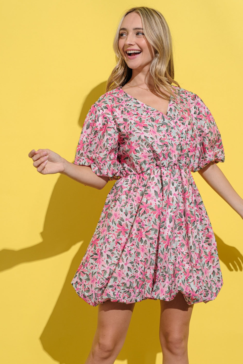 And The Why Full Size Floral Surplice Puff Sleeve Dress 9397 | Gulf Resellers
