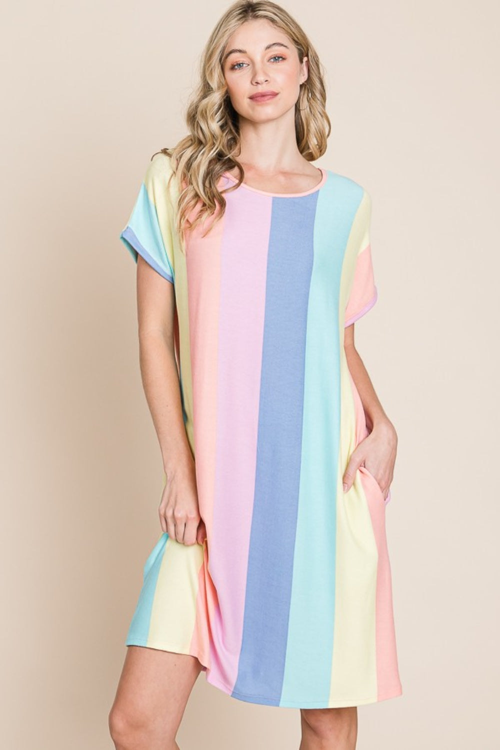 BOMBOM Striped Short Sleeve Dress with Pockets 6079 | Gulf Resellers
