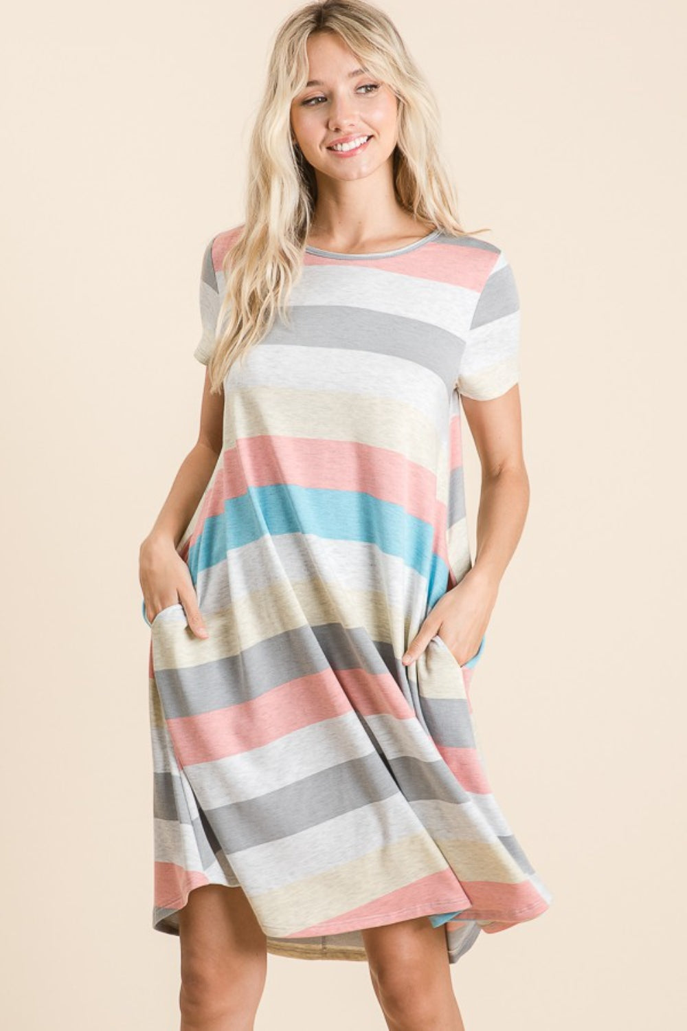 BOMBOM Striped Short Sleeve Dress with Pockets 6412 | Gulf Resellers
