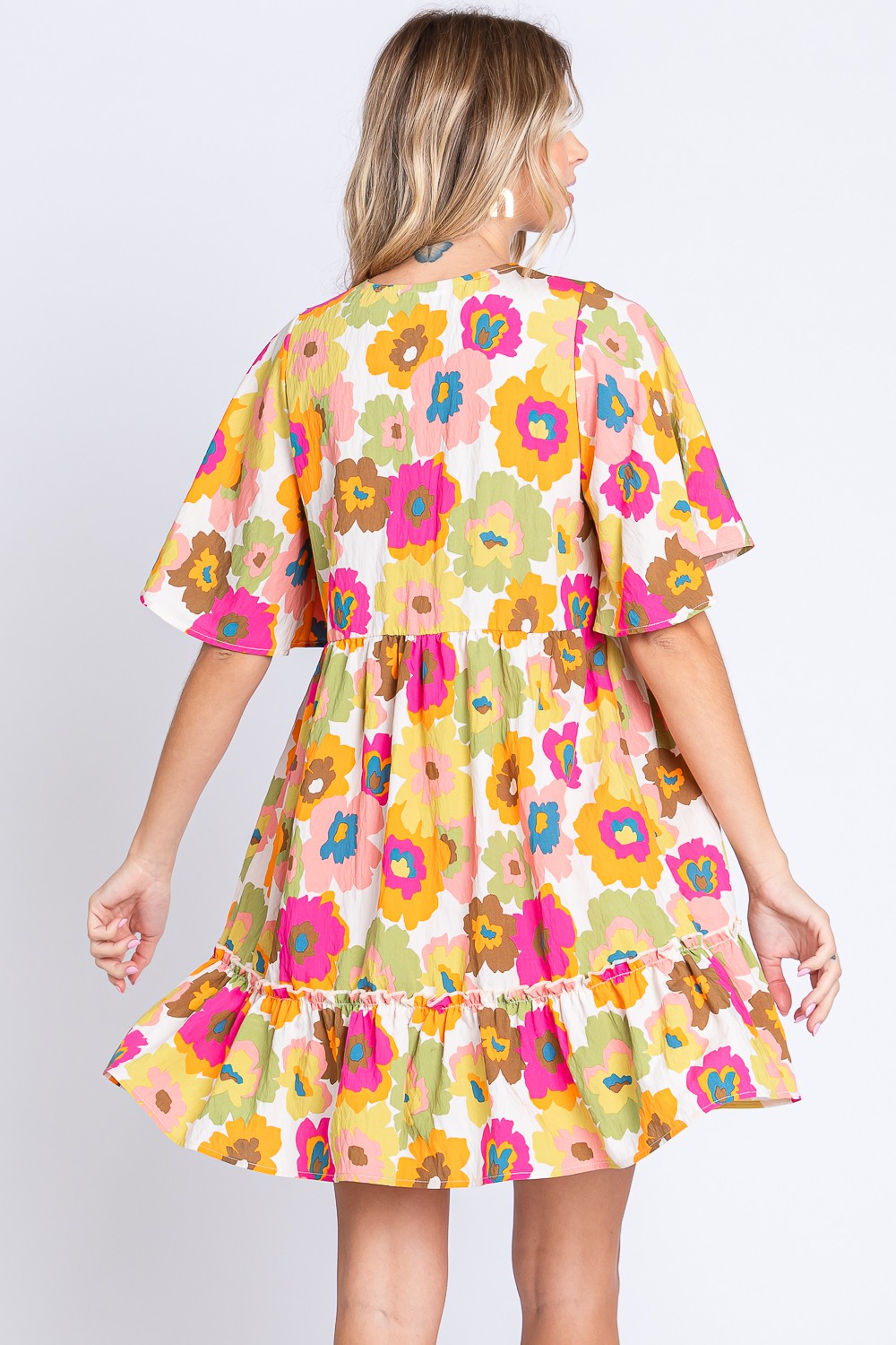 GeeGee Floral V-Neck Ruffle Hem Mini Dress 5281 | Gulf Resellers