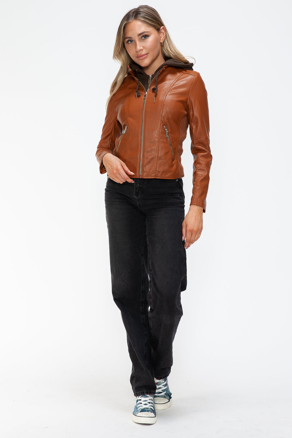Snobbish Faux Leather Zip Up Drawstring Hooded Jacket 16002 | Gulf Resellers