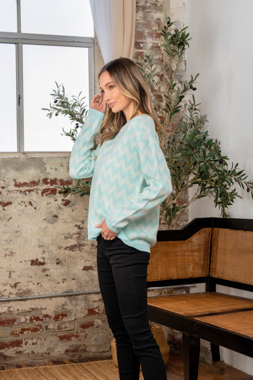 Sew In Love Full Size Wave Stripe Contrast Long Sleeve Sweater 12102 | Gulf Resellers