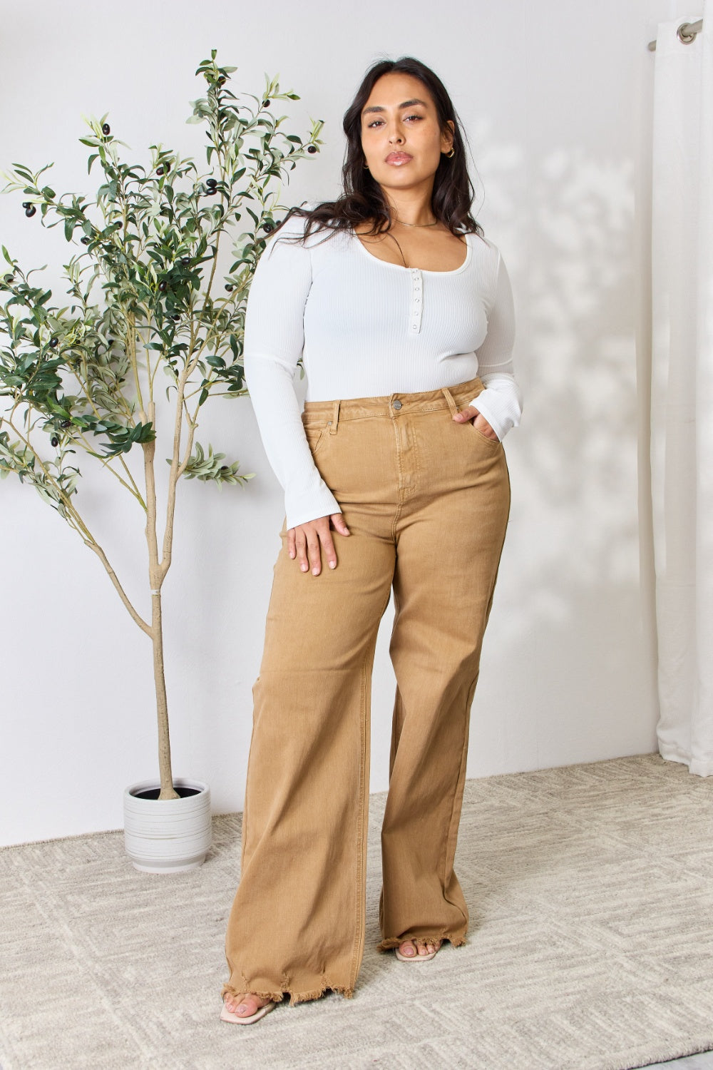 RISEN Full Size Fringe Hem Wide Leg Jeans | Gulf Resellers