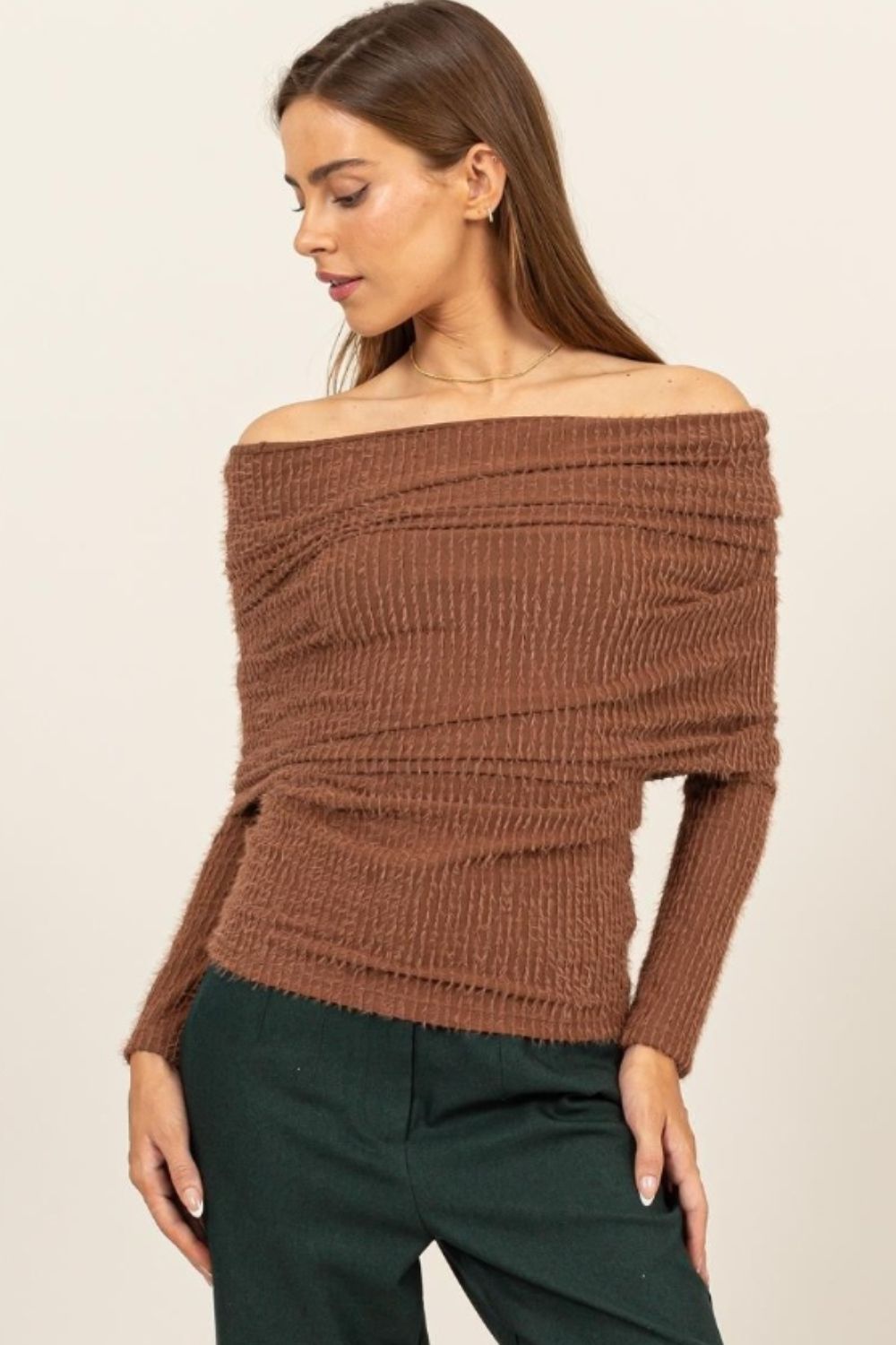 HYFVE Fuzzy Off Shoulder Textured Knit Top 8927 | Gulf Resellers