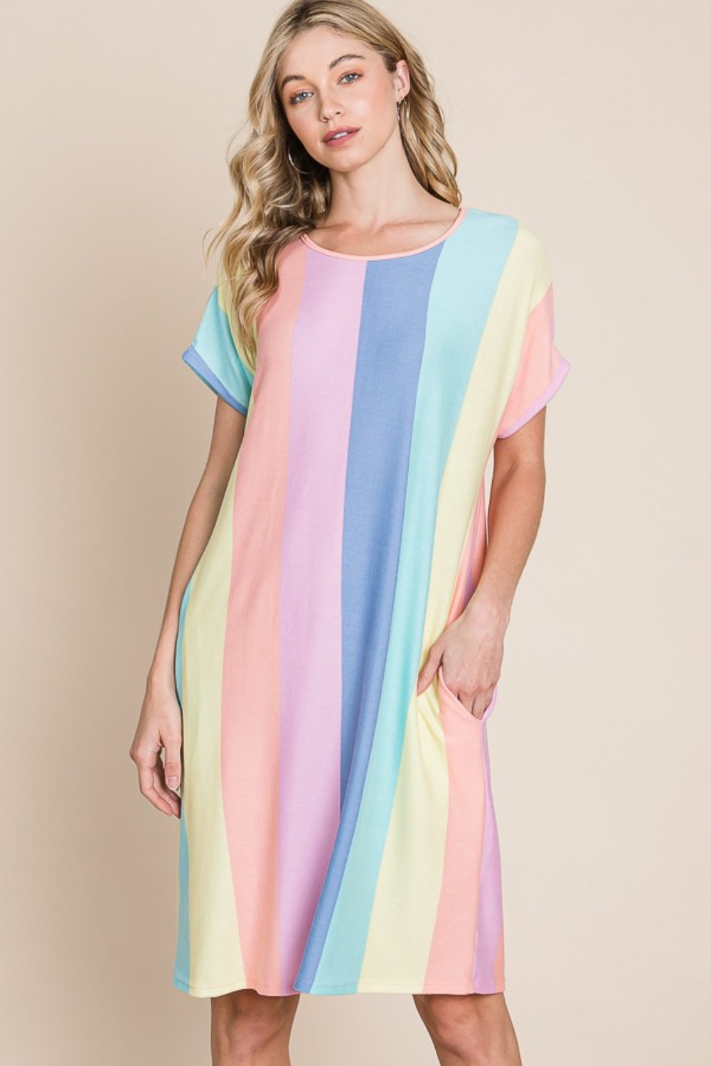 BOMBOM Striped Short Sleeve Dress with Pockets 6081 | Gulf Resellers