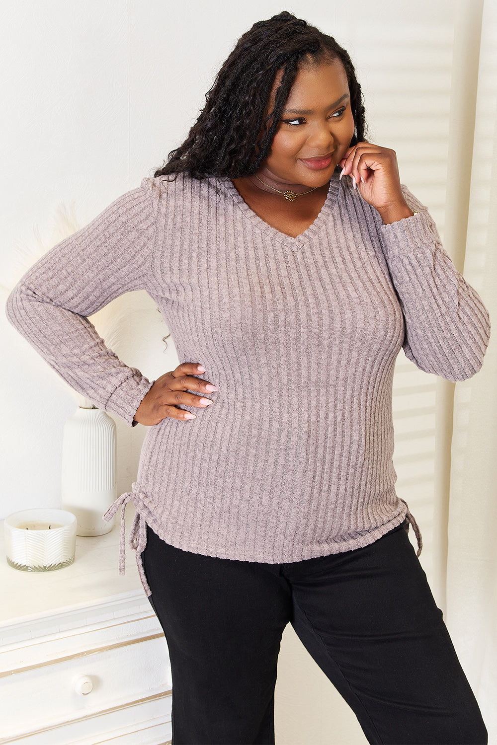Double Take Drawstring Ribbed Long Sleeve T-Shirt | Gulf Resellers