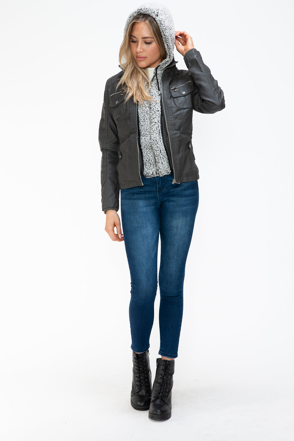 YMI Removable Faux Layered Multi-Pocket Jacket with Fuzzy Hood 15260 | Gulf Resellers