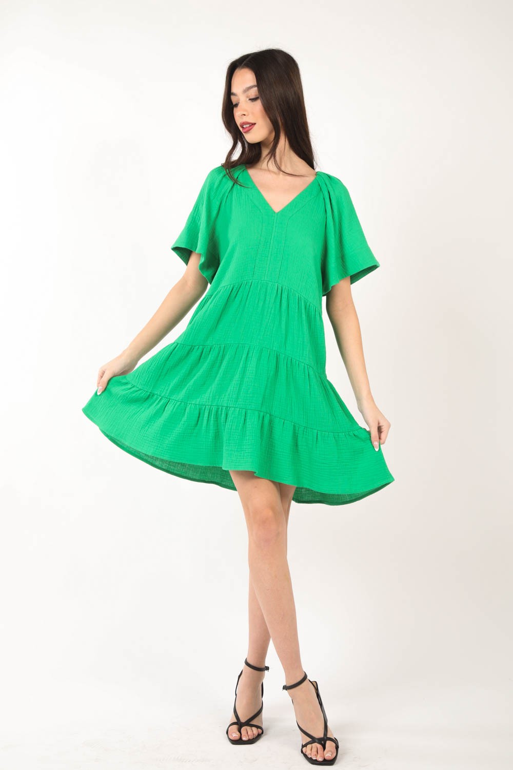 VERY J Texture V-Neck Ruffled Tiered Dress 6532 | Gulf Resellers