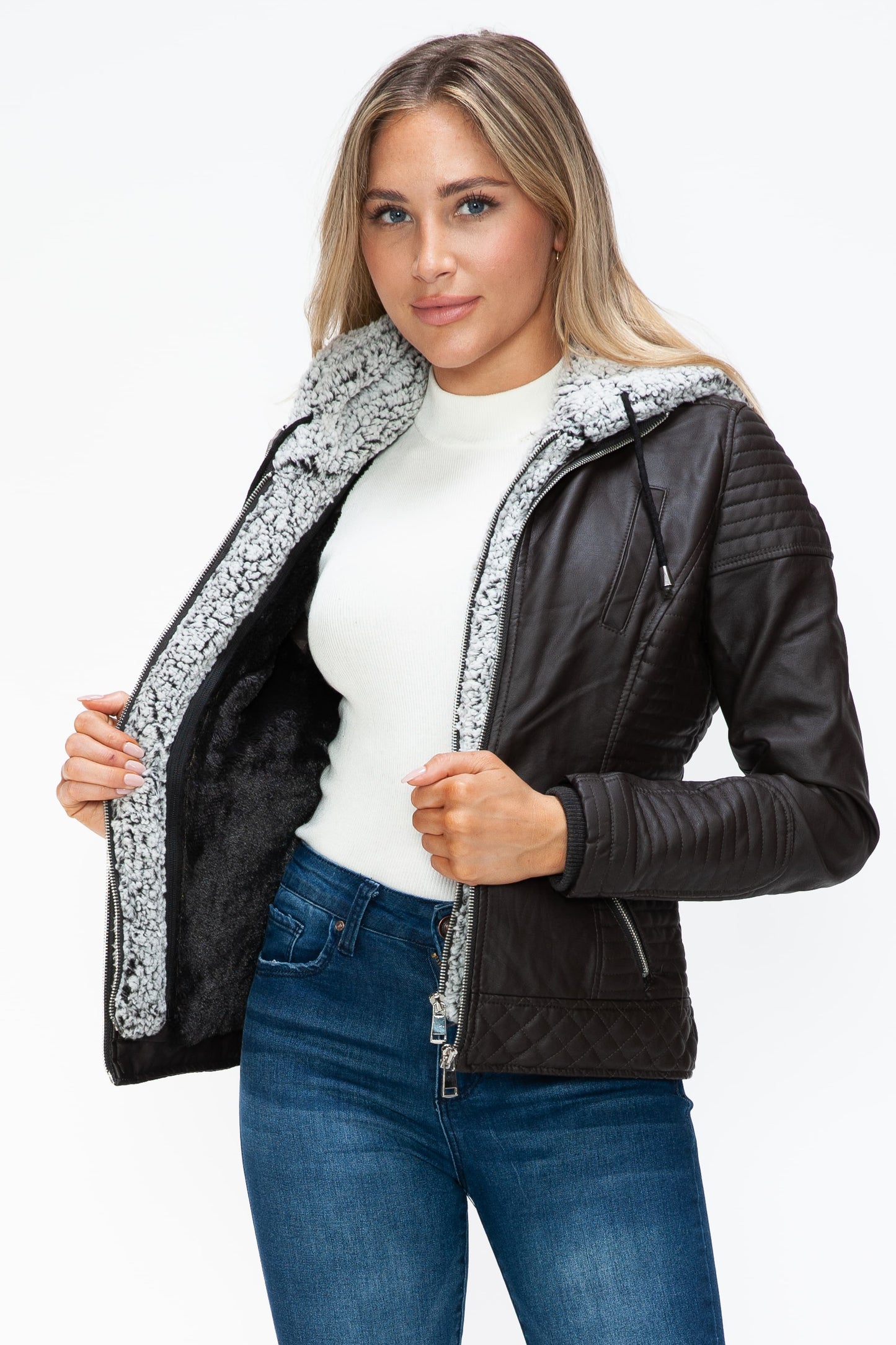 YMI Faux Layered Double-Zipper Jacket with Fuzzy Hood 15950 | Gulf Resellers