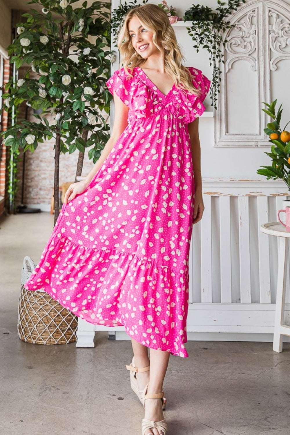 Reborn J Printed V-Neck Ruffle Trim Tiered Midi Dress 5463 | Gulf Resellers