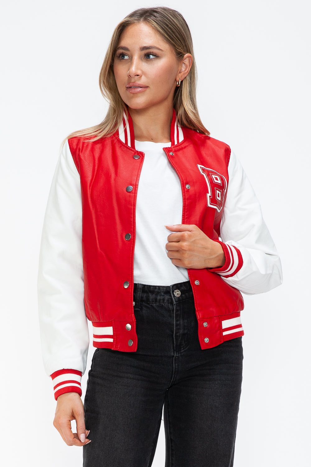 Love Me Now PU Leather Contrast Snap Down Bomber Jacket 15747 | Gulf Resellers