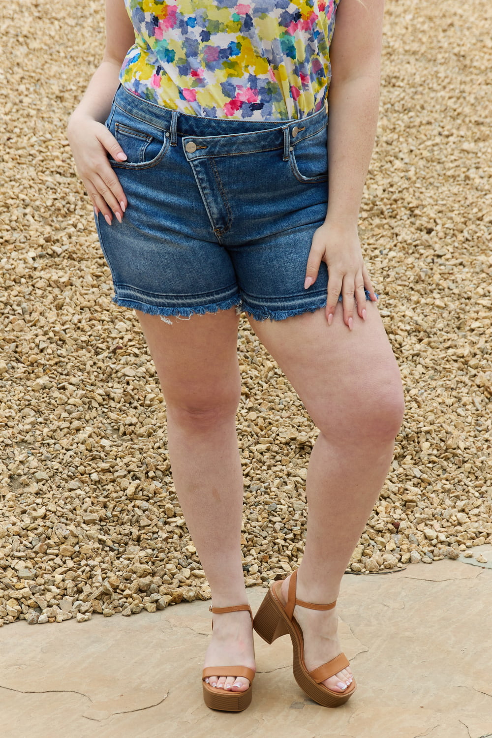 RISEN Maya Full Size Mid Rise Asymmetrical Shorts 13958 | Gulf Resellers