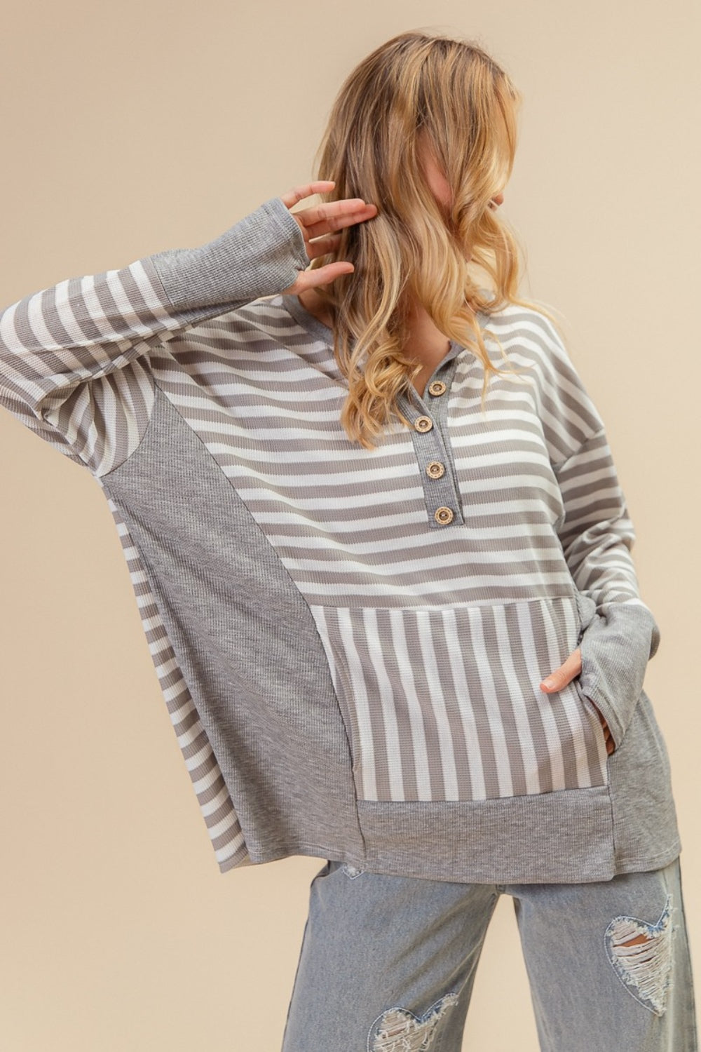 BiBi Striped Thumbhole Long Sleeve Top 6588 | Gulf Resellers