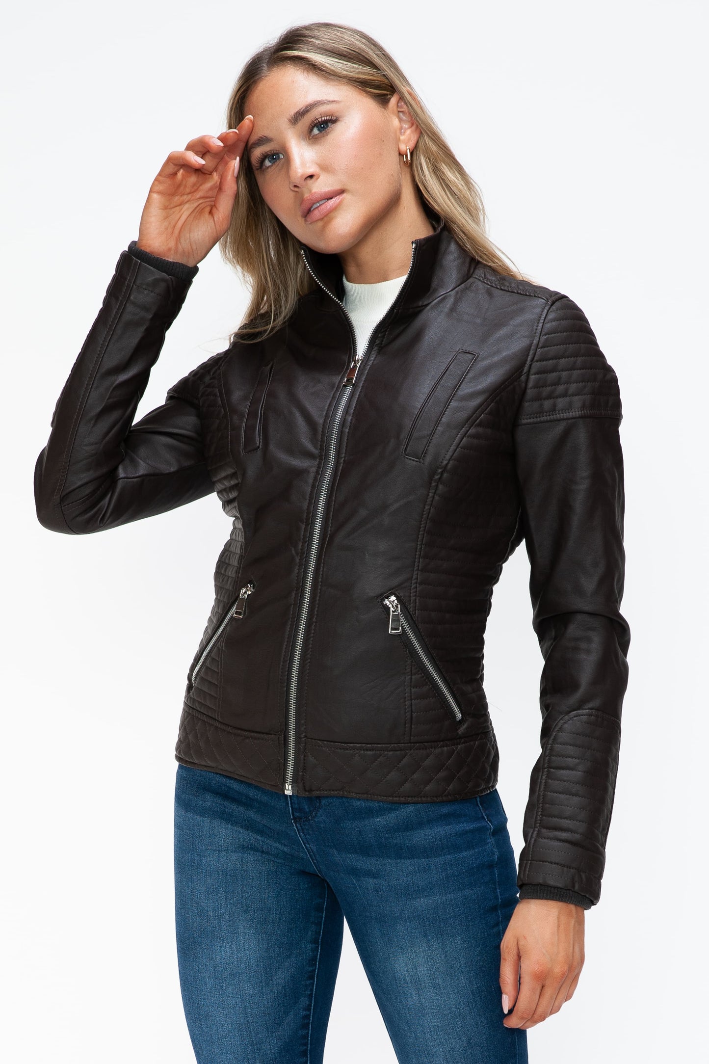 YMI Faux Layered Double-Zipper Jacket with Fuzzy Hood 15955 | Gulf Resellers