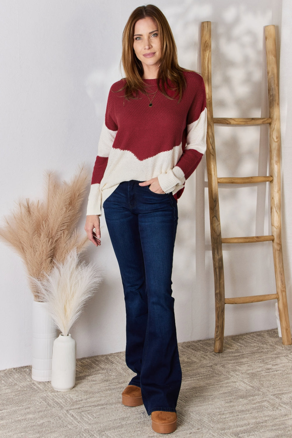 Hailey & Co Full Size Color Block Dropped Shoulder Knit Top | Gulf Resellers