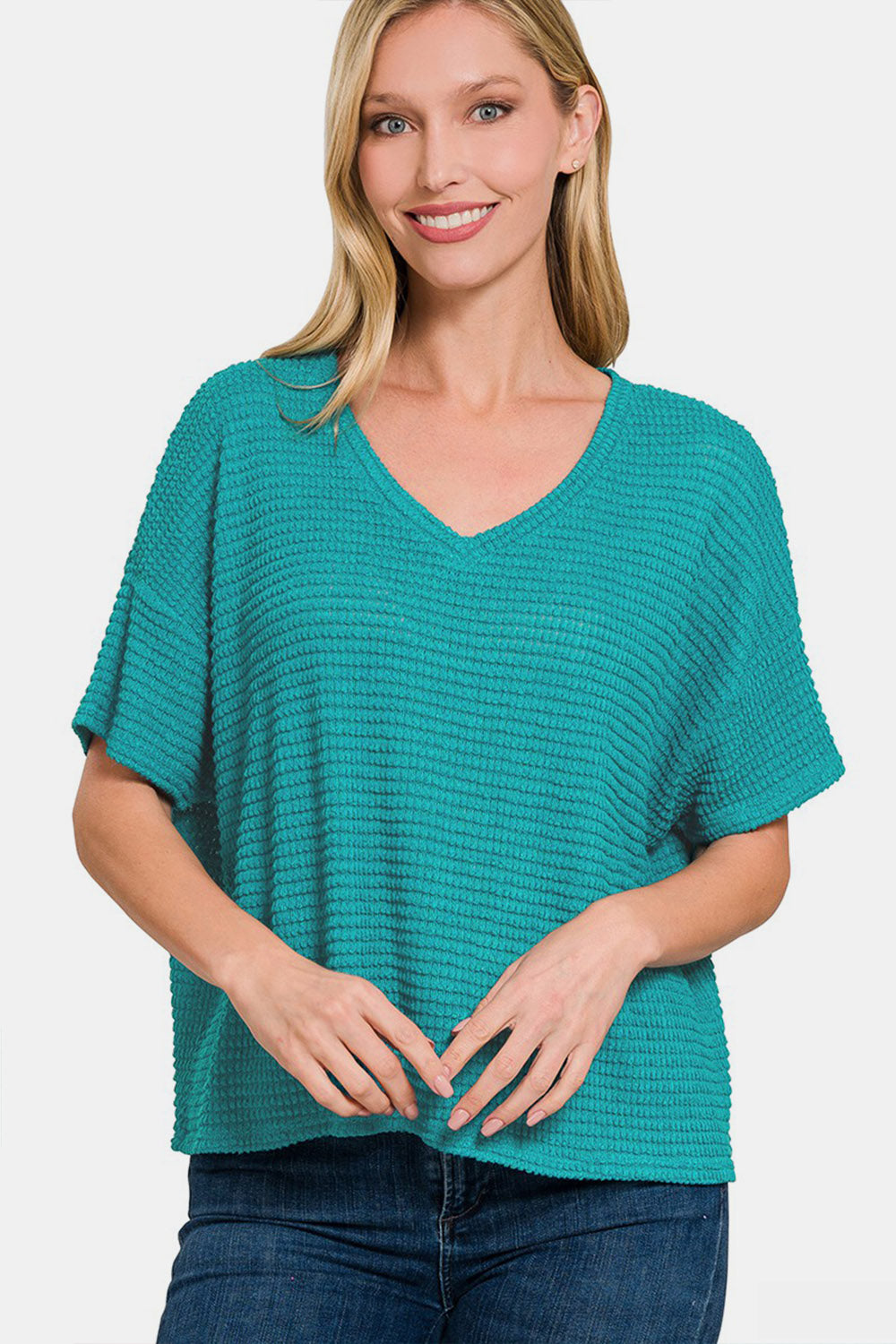 Zenana Drop Shoulder Short Sleeve Jacquard Knit Top 8849 | Gulf Resellers