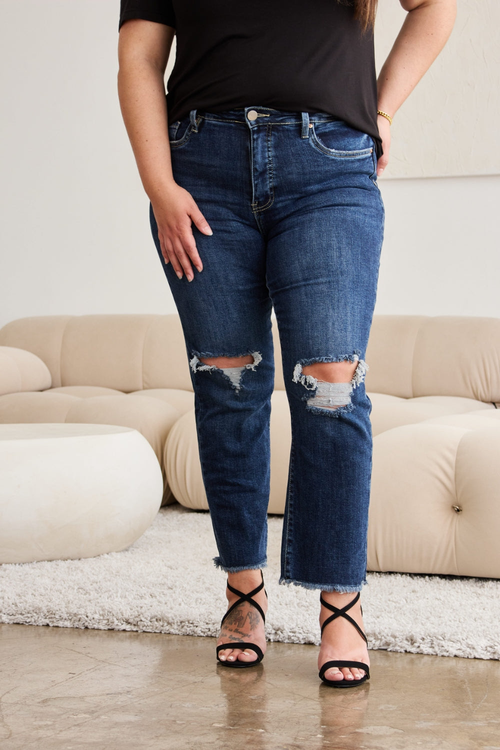 RFM Crop Dylan Full Size Tummy Control Distressed High Waist Raw Hem Jeans 4924 | Gulf Resellers