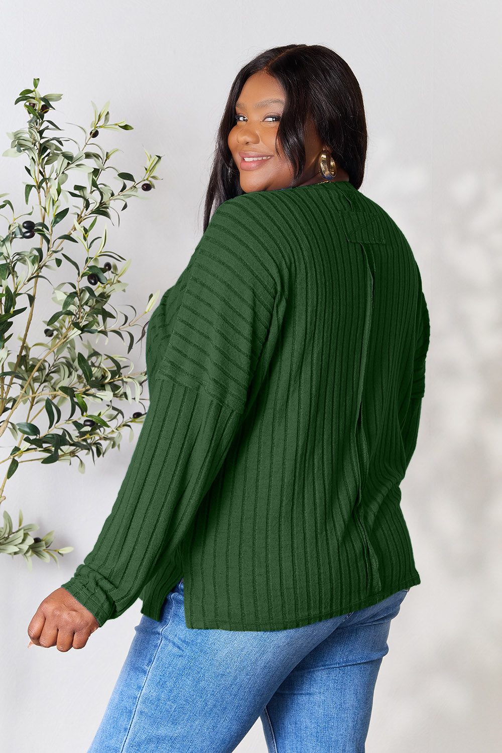 Basic Bae Full Size Ribbed Round Neck Slit Knit Top | Gulf Resellers