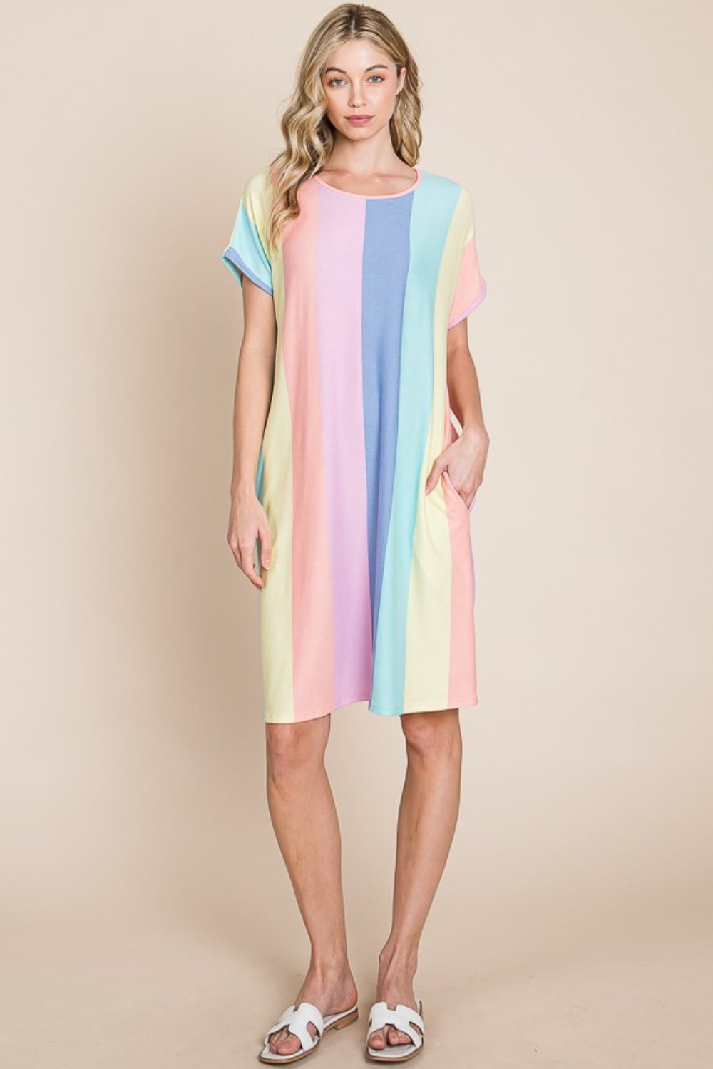 BOMBOM Striped Short Sleeve Dress with Pockets 6082 | Gulf Resellers