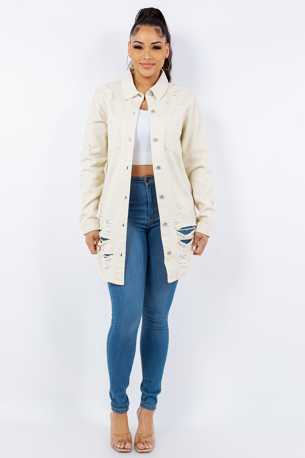 American Bazi Distressed Button Up Long Sleeve Denim Jacket 13399 | Gulf Resellers