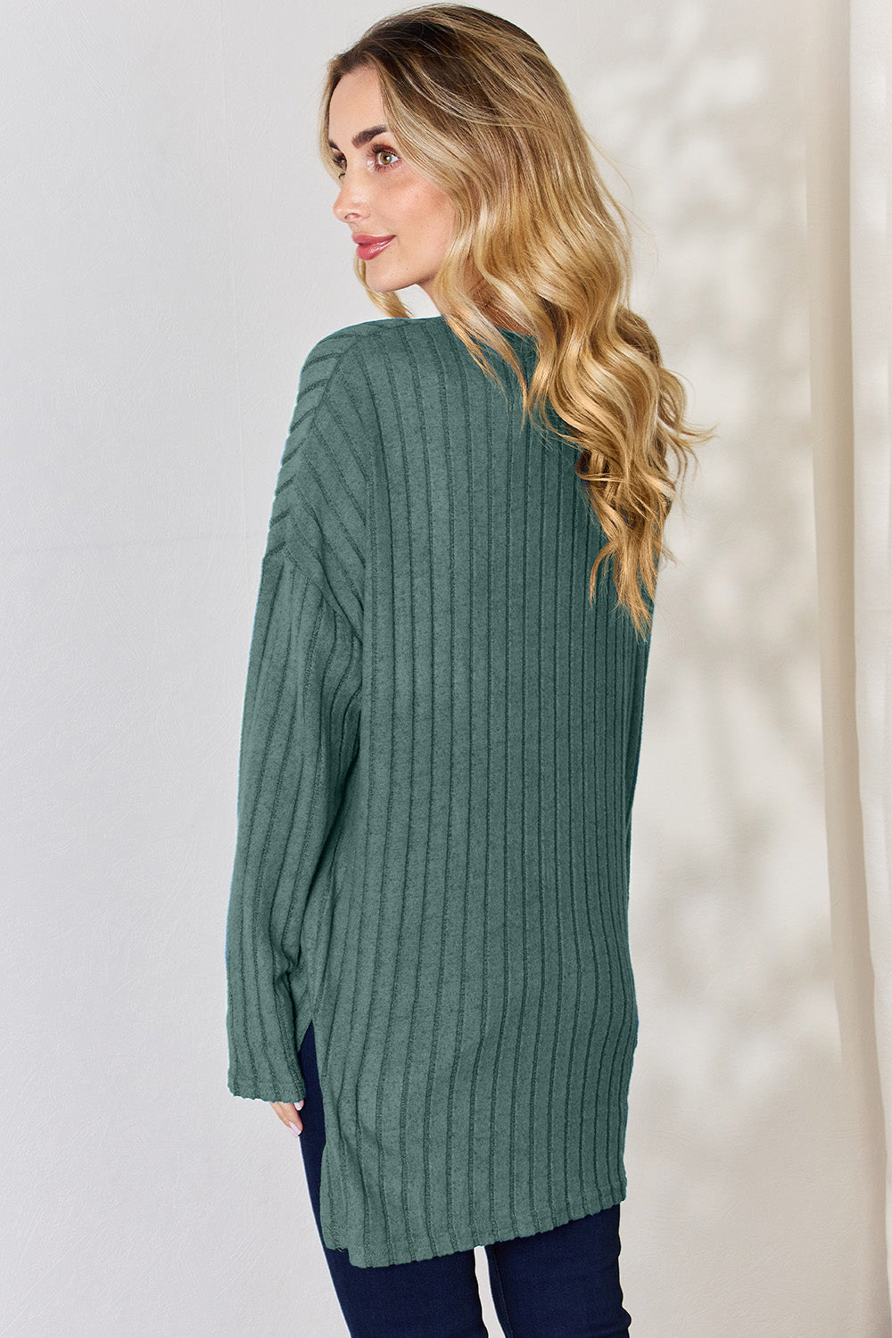 Basic Bae Full Size Ribbed Half Button Long Sleeve High-Low T-Shirt | Gulf Resellers