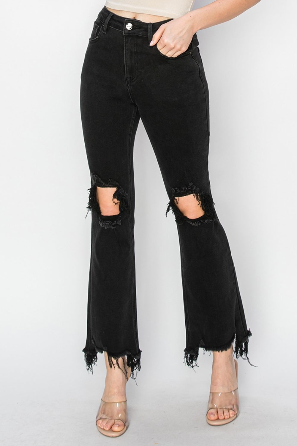 RISEN Full Size Distressed Raw Hem Jeans with Pockets 10565 | Gulf Resellers