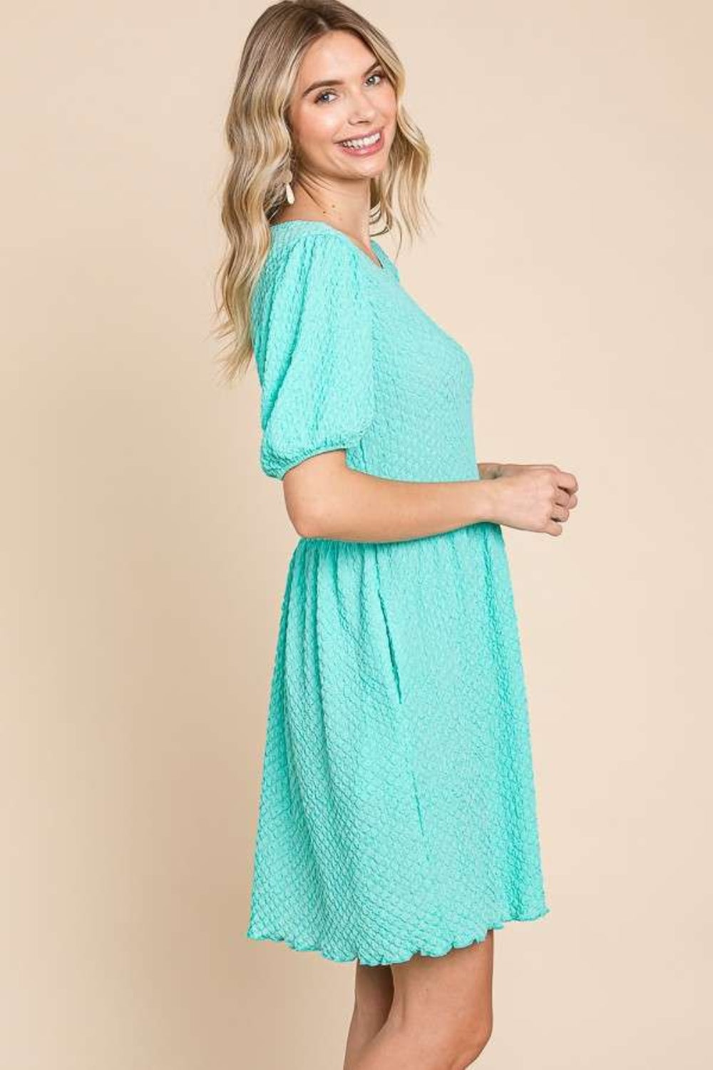 Culture Code Full Size Textured Round Neck Puff Sleeve Dress 9586 | Gulf Resellers