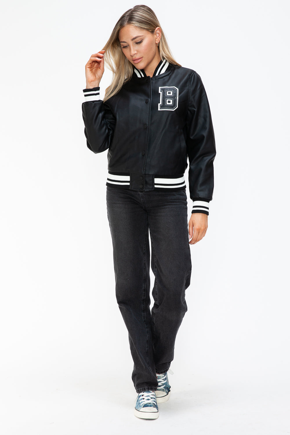 Love Me Now PU Leather Contrast Snap Down Bomber Jacket 15315 | Gulf Resellers