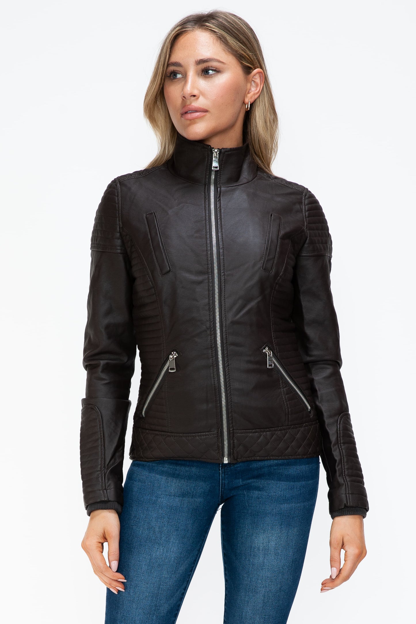 YMI Faux Layered Double-Zipper Jacket with Fuzzy Hood 15960 | Gulf Resellers
