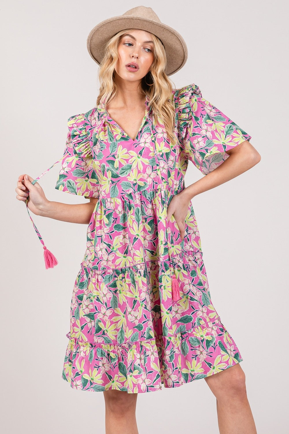 SAGE + FIG Floral Ruffle Short Sleeve Dress 5530 | Gulf Resellers
