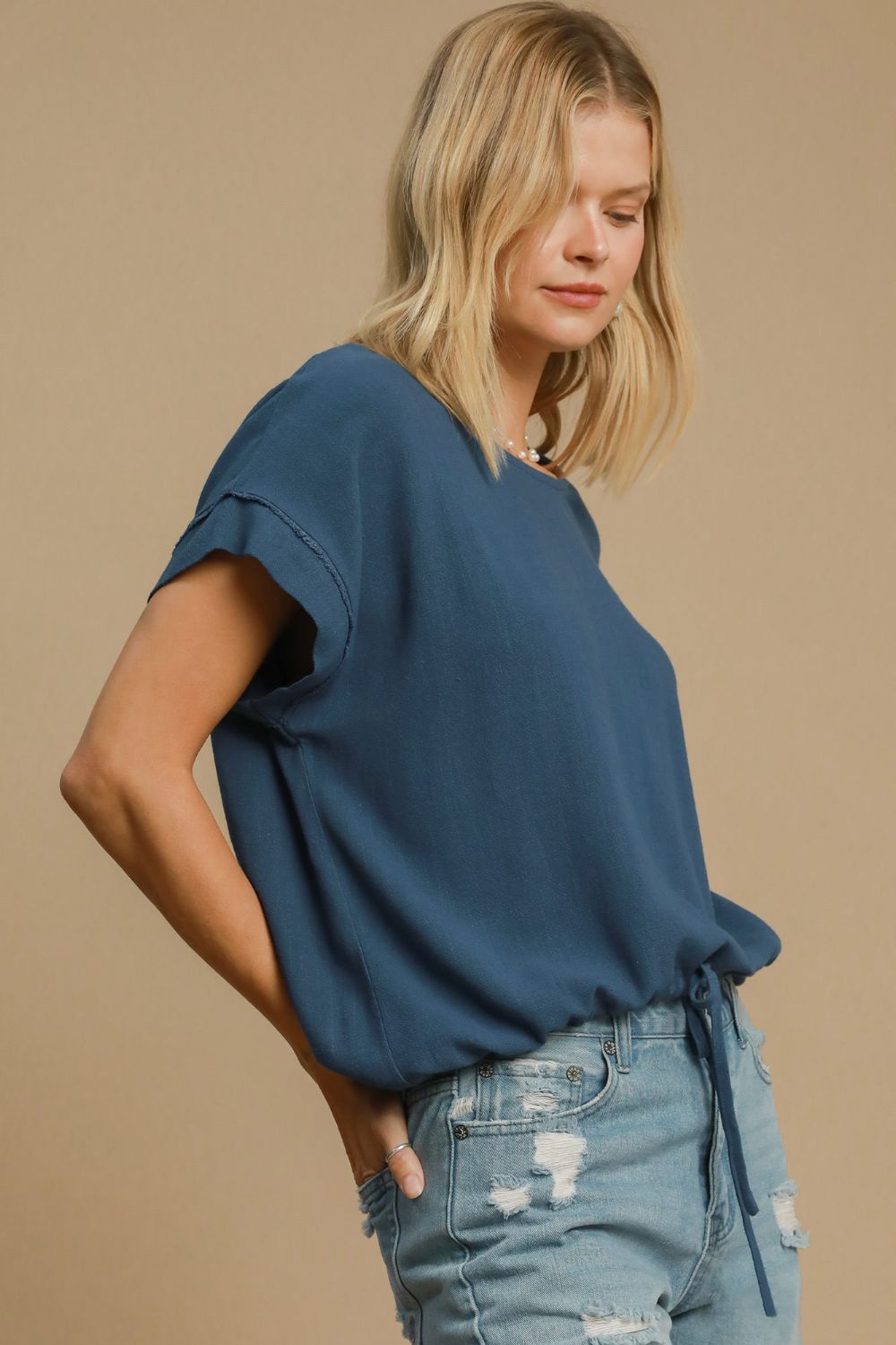 Umgee Drawstring Hem Round Neck Short Sleeve T-Shirt 18506 | Gulf Resellers