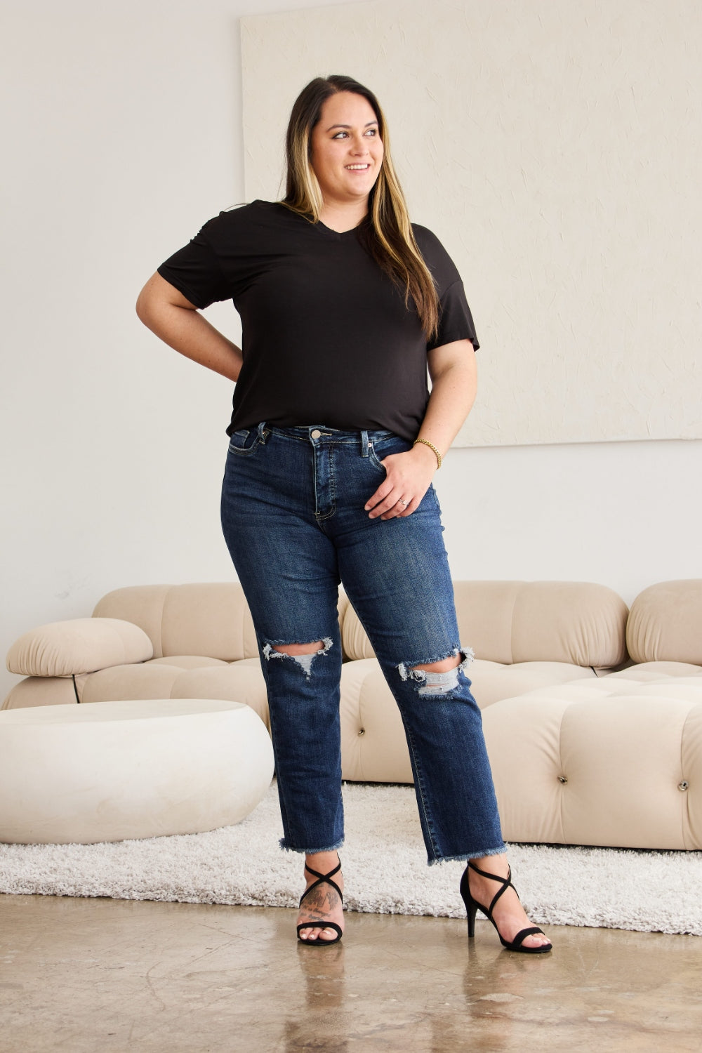 RFM Crop Dylan Full Size Tummy Control Distressed High Waist Raw Hem Jeans 4923 | Gulf Resellers