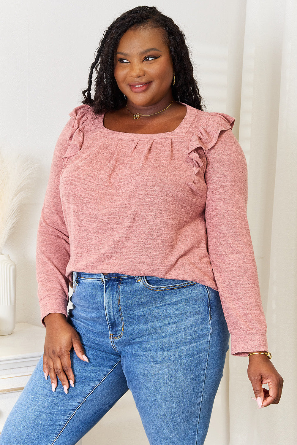 Double Take Square Neck Ruffle Shoulder Long Sleeve T-Shirt | Gulf Resellers