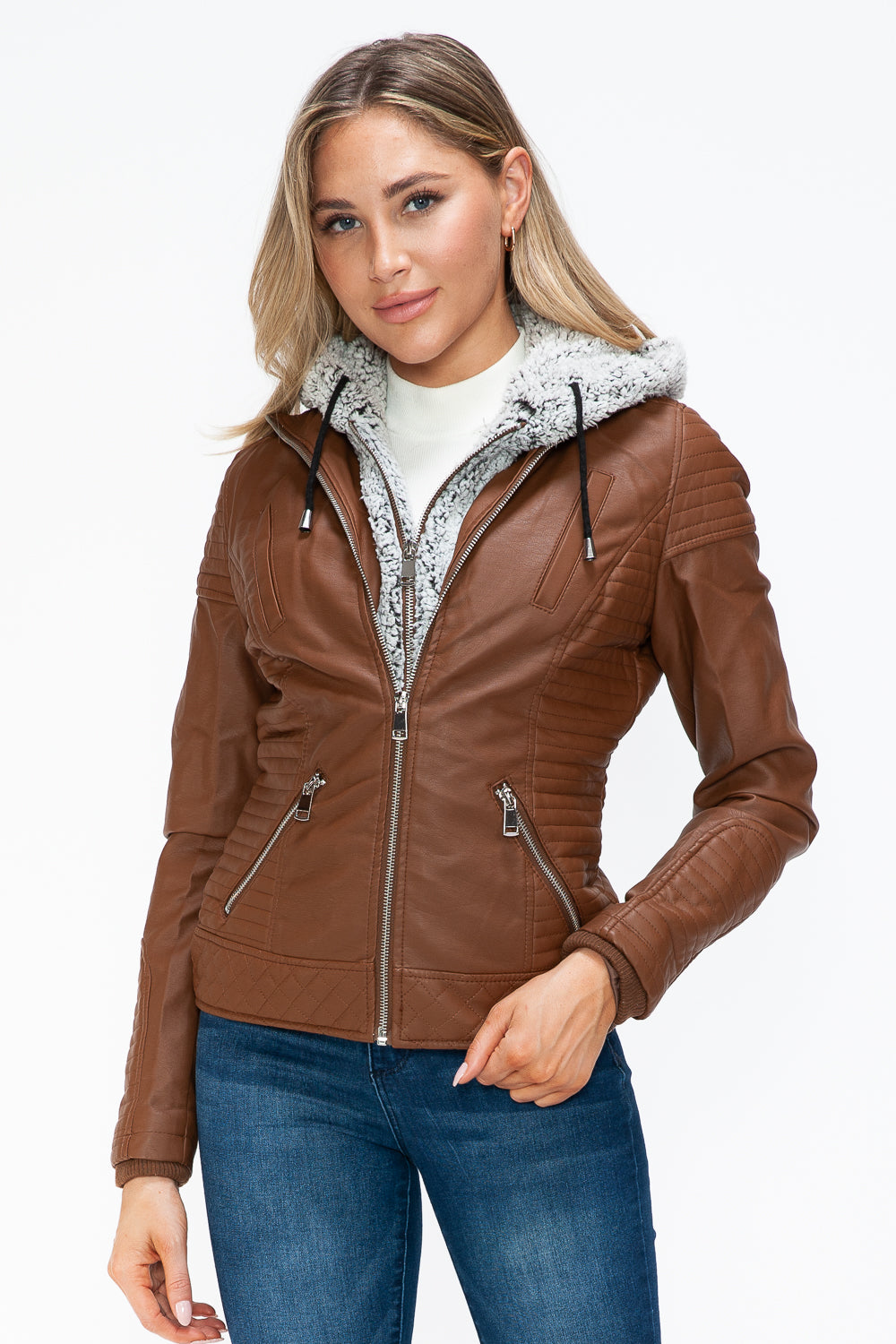 YMI Faux Layered Double-Zipper Jacket with Fuzzy Hood 15590 | Gulf Resellers