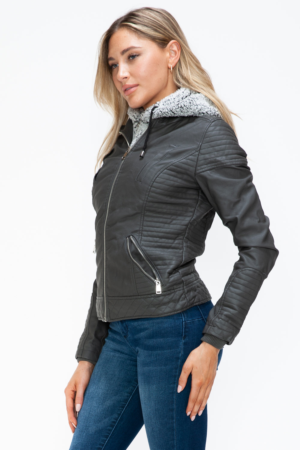 YMI Faux Layered Double-Zipper Jacket with Fuzzy Hood 15384 | Gulf Resellers