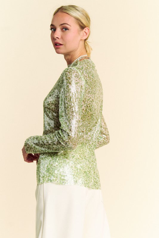 Davi & Dani Sequin Mock Neck Long Sleeve Mesh Top 18313 | Gulf Resellers