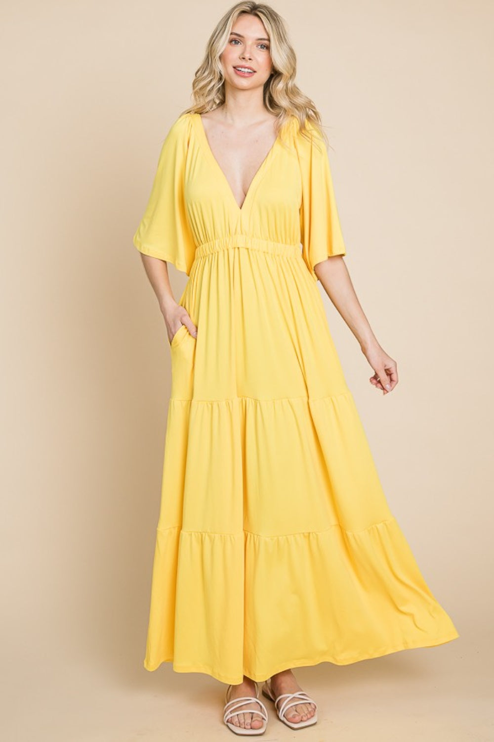 Culture Code Backless Plunge Half Sleeve Tiered Dress | Gulf Resellers