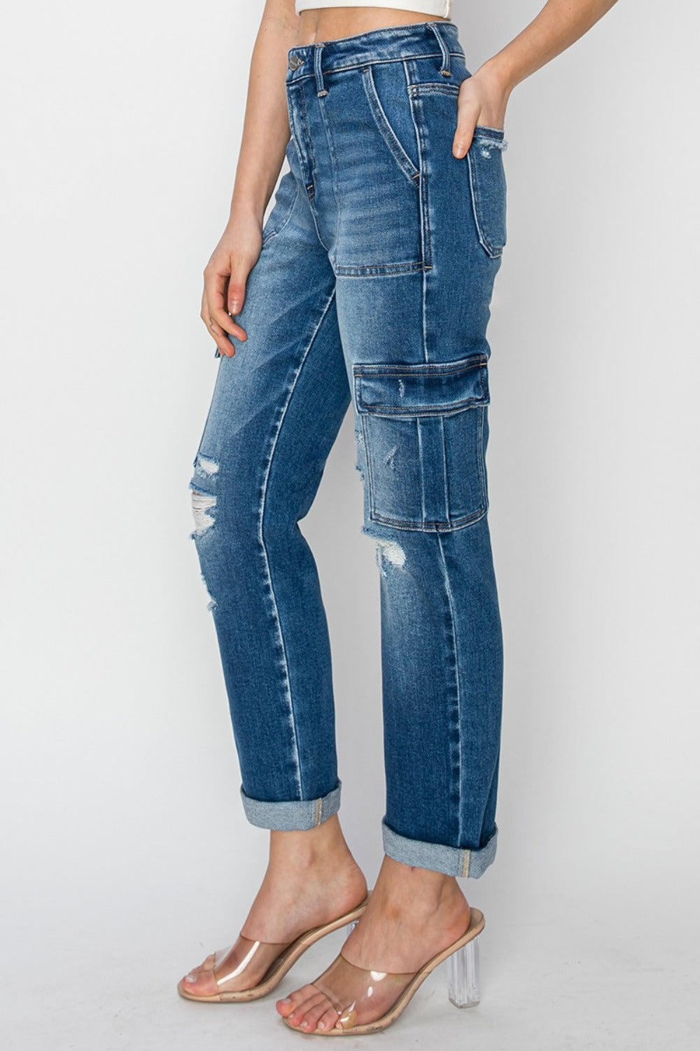RISEN Full Size High Rise Cargo Ankle Roll Up Straight Jeans 10779 | Gulf Resellers