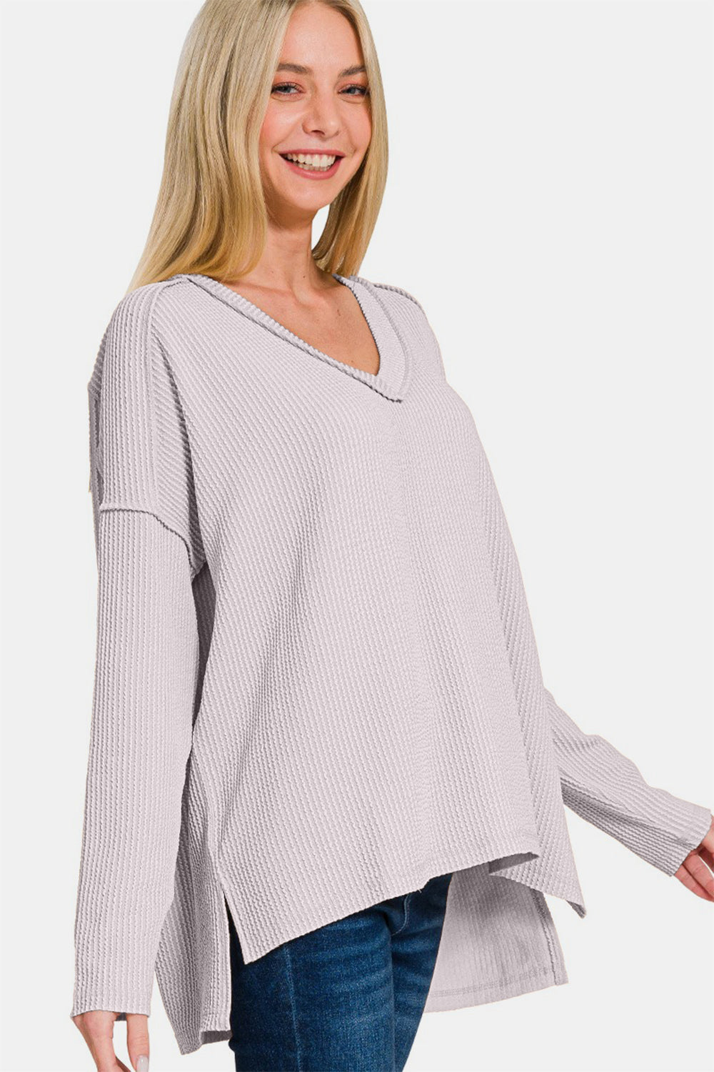Zenana Texture Exposed Seam V-Neck Long Sleeve T-Shirt 18375 | Gulf Resellers