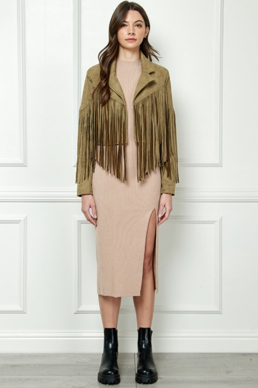 Veveret Suede Fringe Long Sleeve Moto Jacket 12584 | Gulf Resellers
