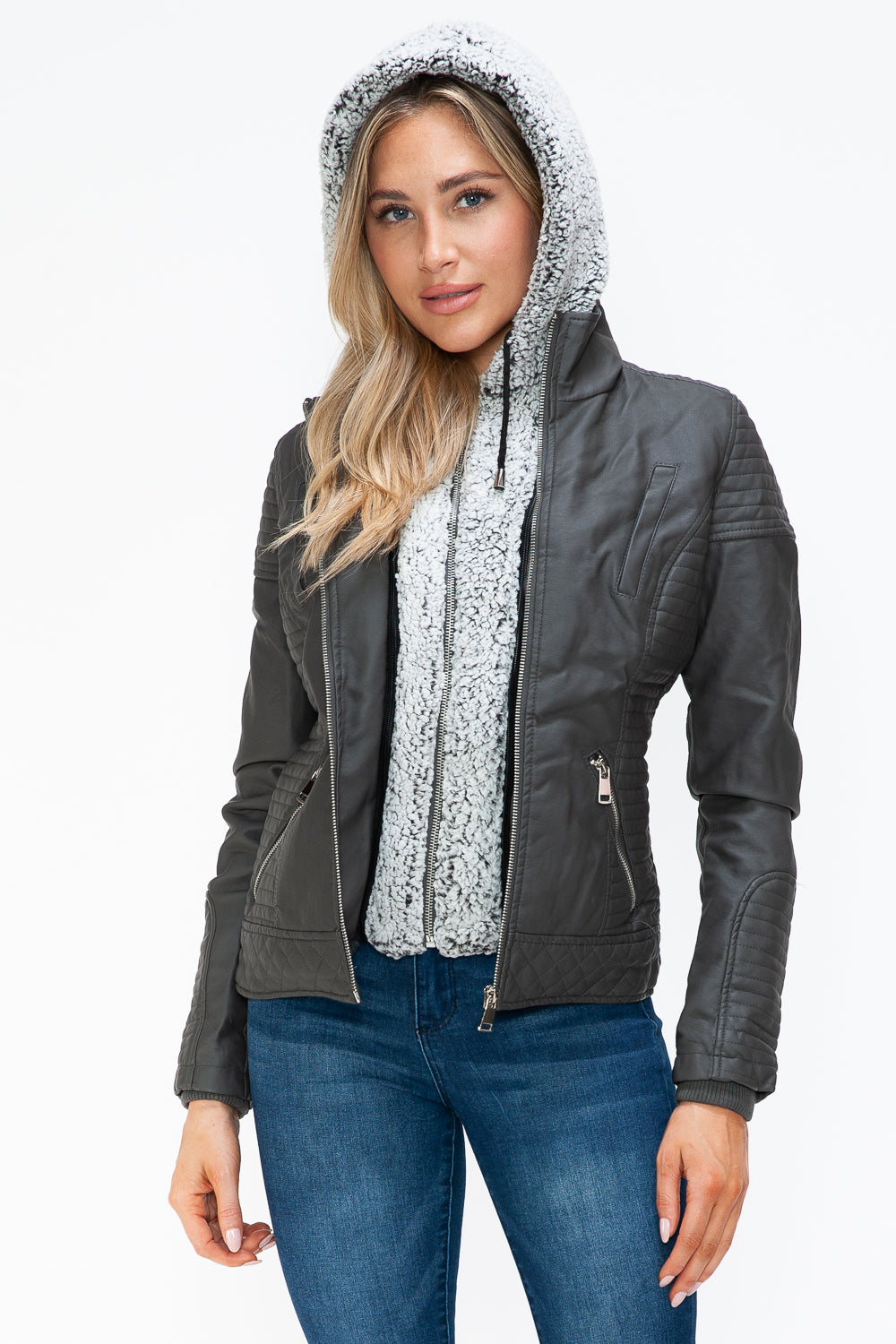 YMI Faux Layered Double-Zipper Jacket with Fuzzy Hood 15375 | Gulf Resellers