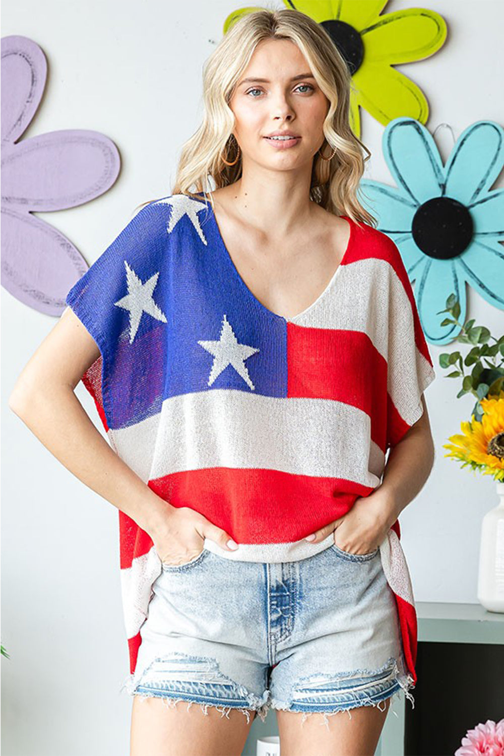 First Love Full Size USA Flag Drop Shoulder Knit Top 8240 | Gulf Resellers