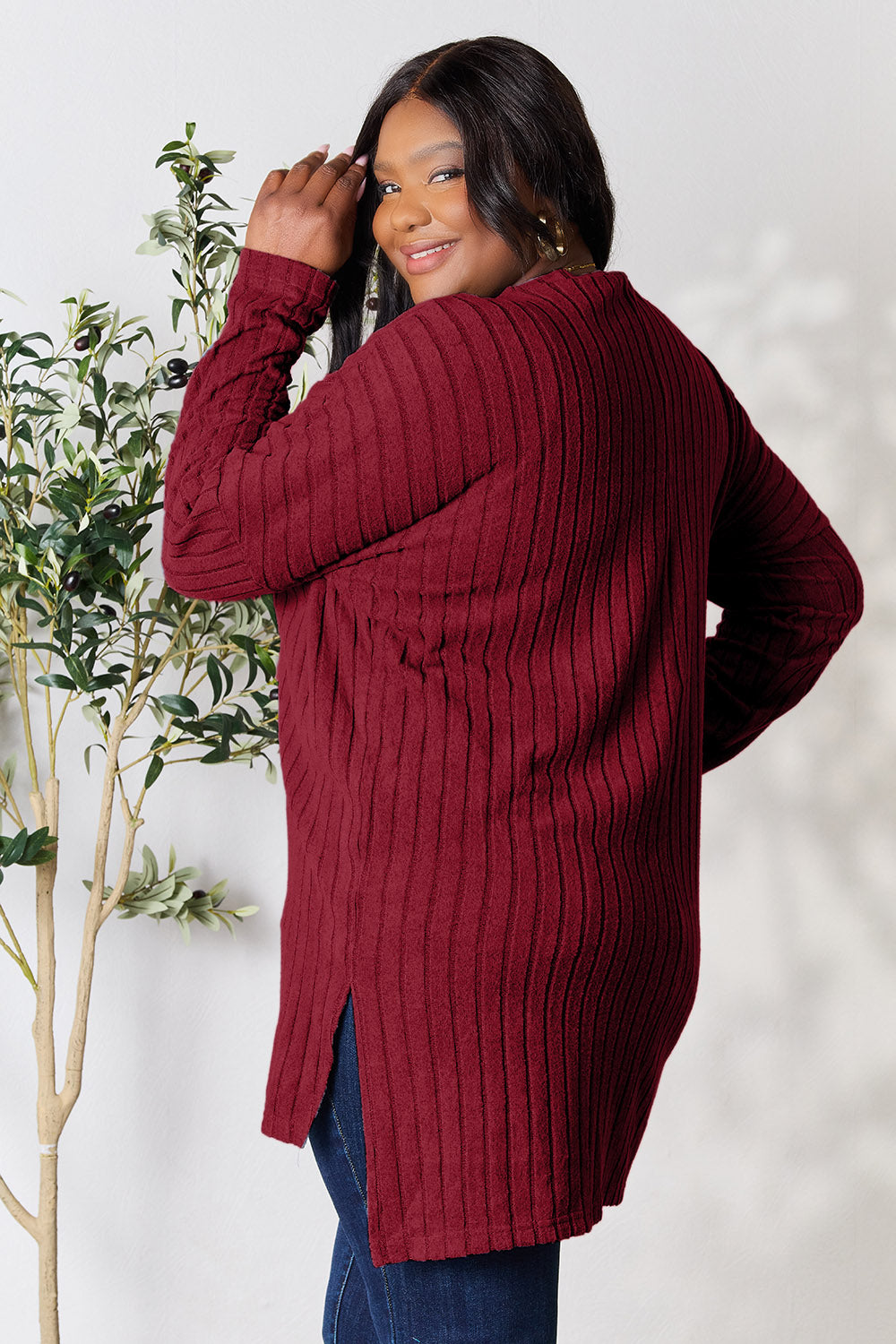 Basic Bae Full Size Ribbed Round Neck Long Sleeve Slit Top | Gulf Resellers