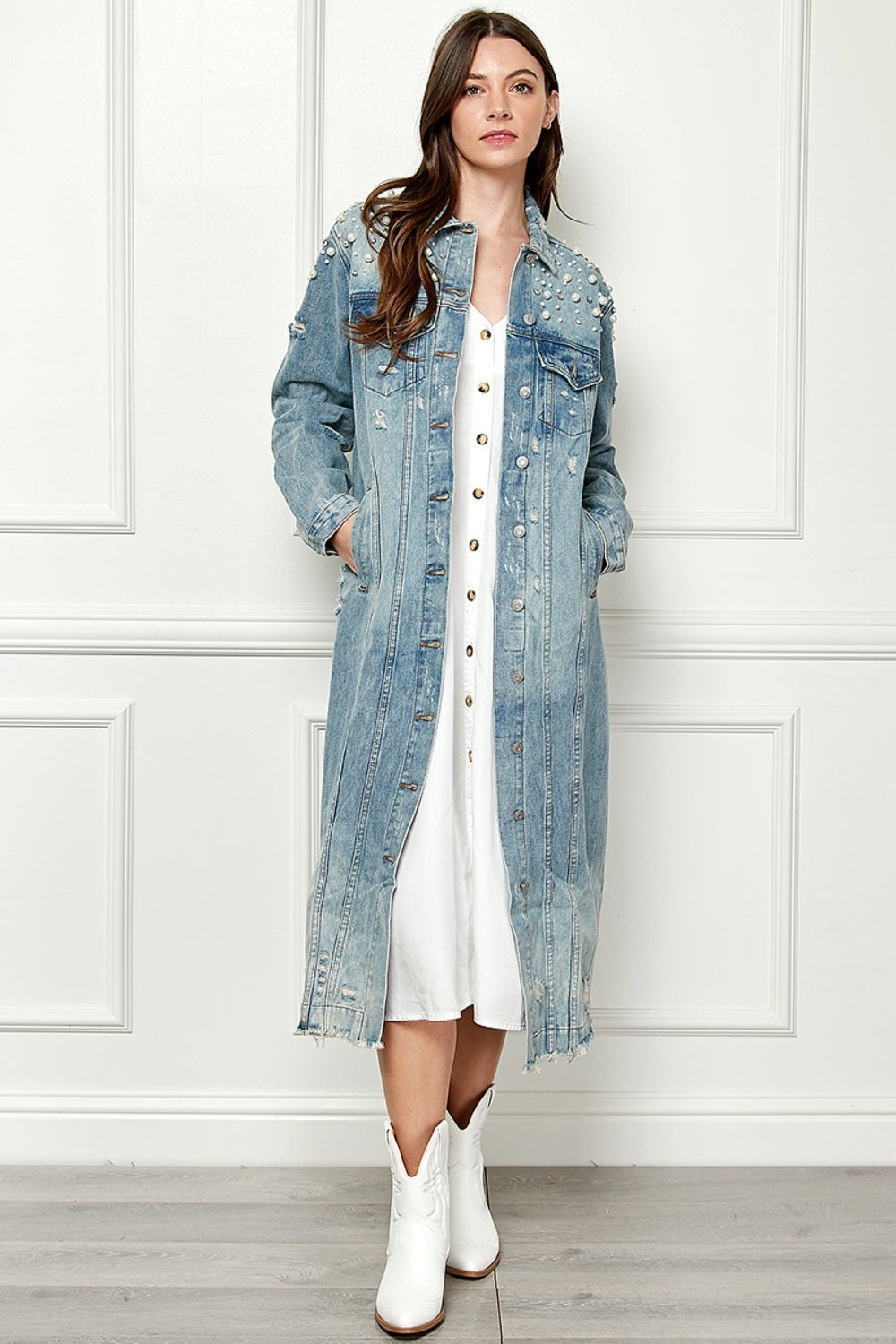 Veveret Full Size Distressed Raw Hem Pearl Detail Button Up Jacket 13470 | Gulf Resellers