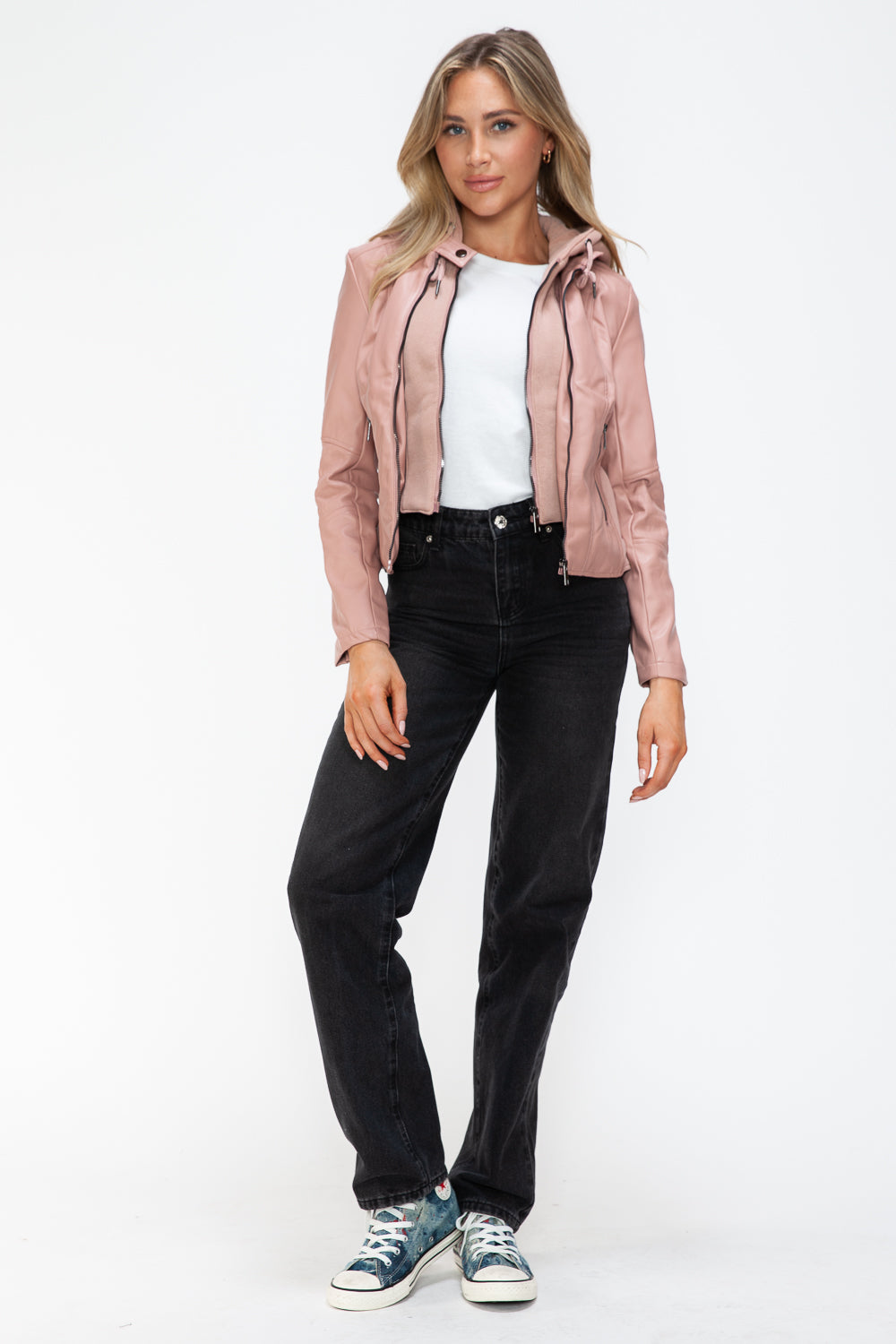 Snobbish Faux Leather Zip Up Drawstring Hooded Jacket 15165 | Gulf Resellers