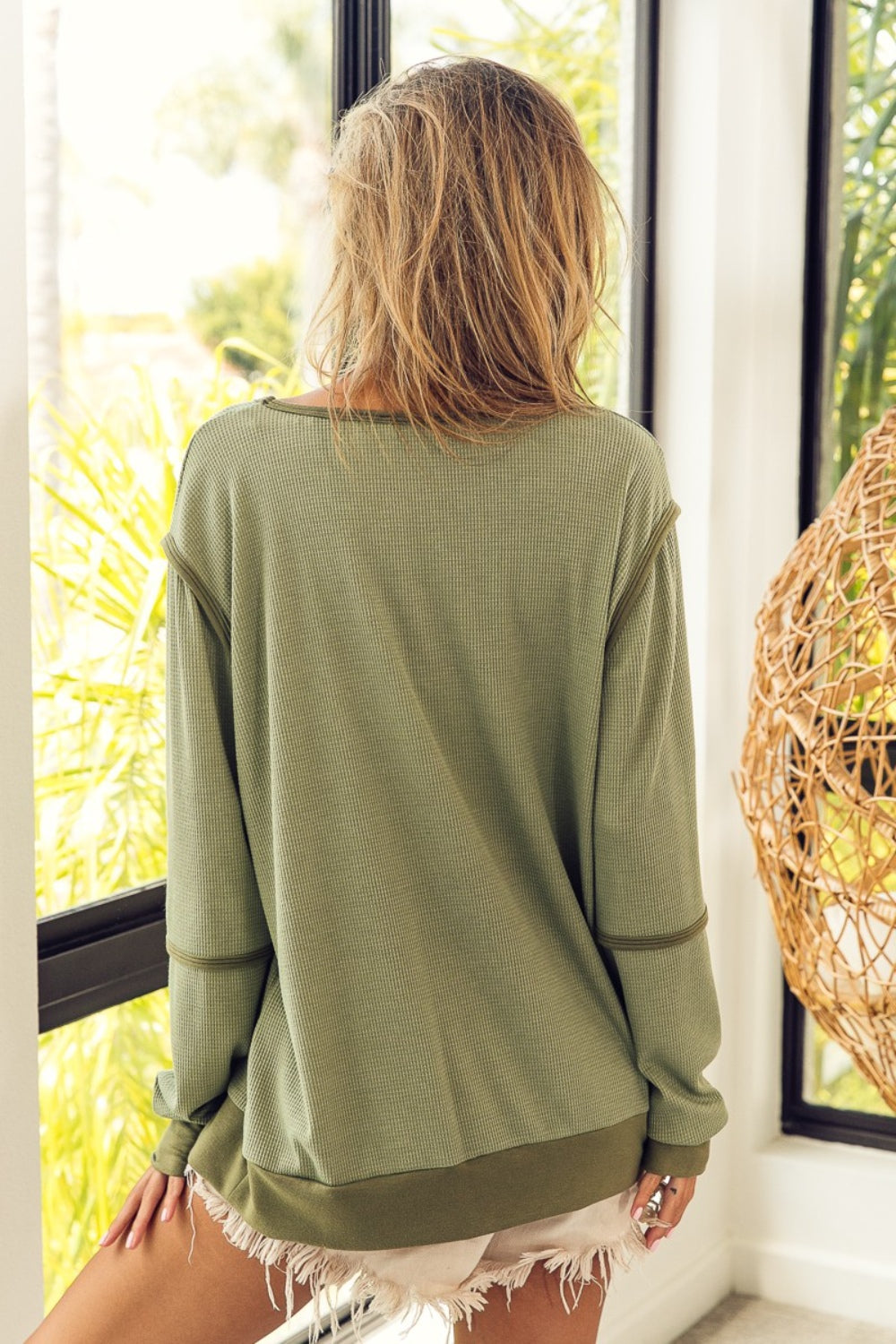BiBi Waffle Knit Contrast Trim Long Sleeve T-Shirt 19903 | Gulf Resellers
