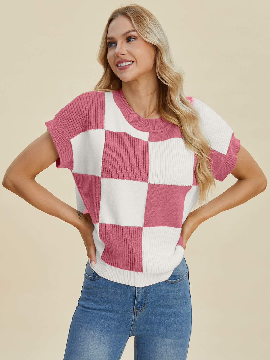 Double Take Full Size Checkered Round Neck Short Sleeve Sweater 8738 | Gulf Resellers