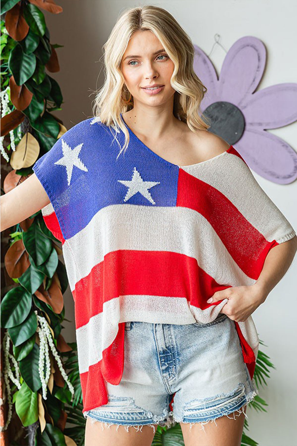 First Love Full Size USA Flag Drop Shoulder Knit Top 8244 | Gulf Resellers