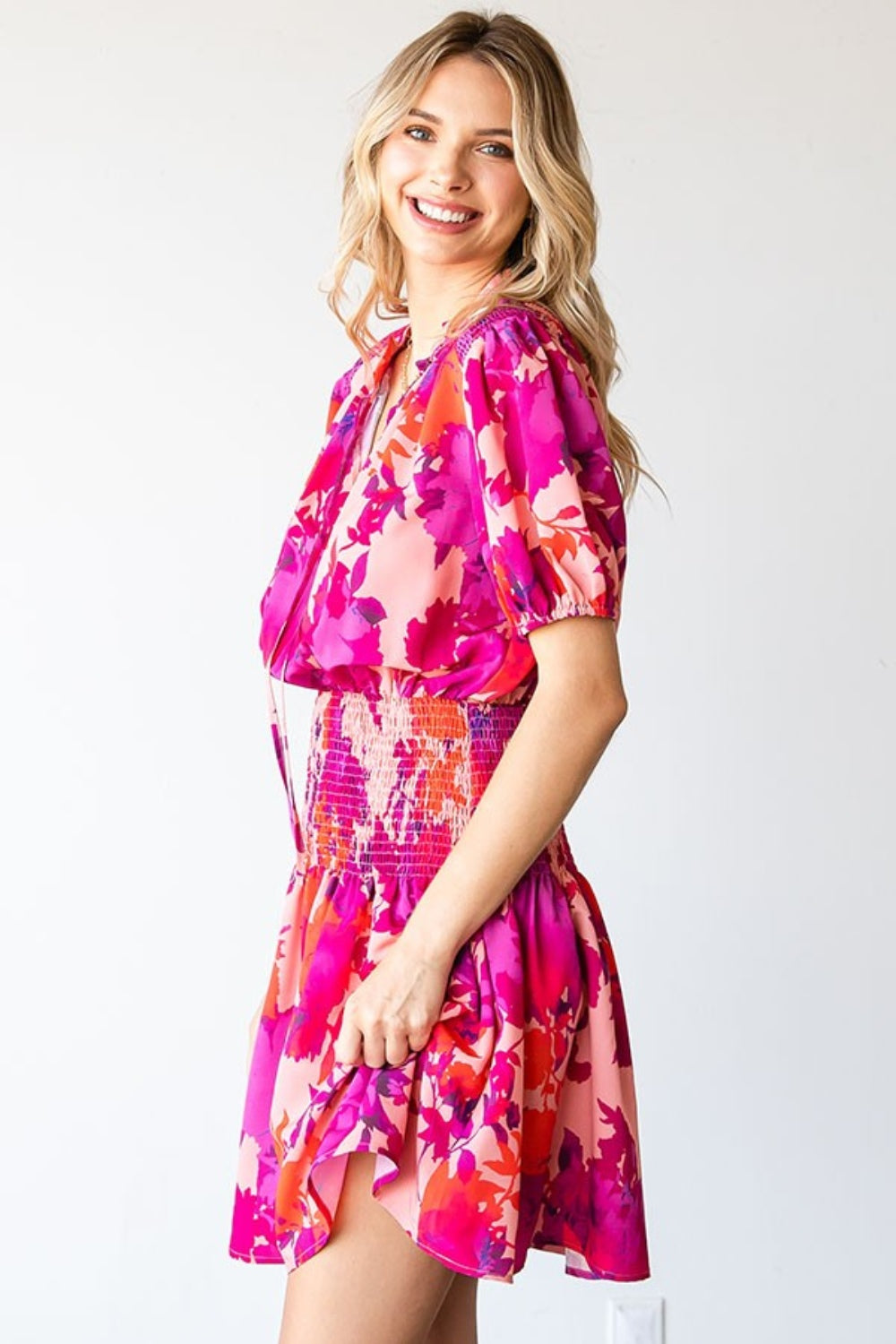 First Love Floral Short Sleeve Smocked Mini Dress 7544 | Gulf Resellers