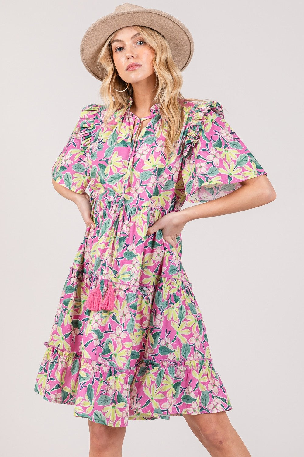 SAGE + FIG Floral Ruffle Short Sleeve Dress 5531 | Gulf Resellers
